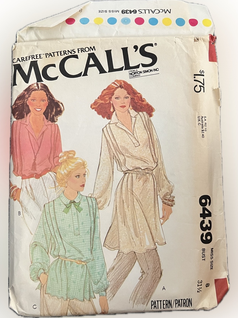 🍄Vintage New McCall’s 6439 Uncut Pattern Woman Blouse Tunic Sewing Size 8